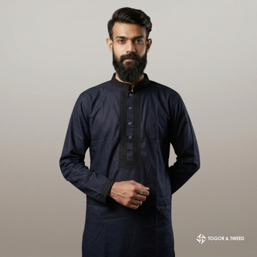 Man wearing a black premium Panjabi with elegant detailing