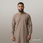 Man wearing a light brown embroidered Panjabi by Togor & Tweed