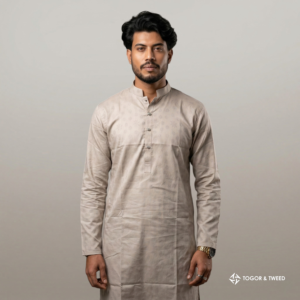 Man wearing an ash printed premium Panjabi with elegant detailing by Togor & Tweed