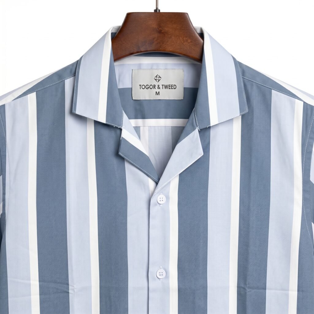 Togor & Tweed Men’s Dusty Blue and White Striped Short Sleeve Cuban Collar Shirt