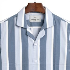 Togor & Tweed Men’s Dusty Blue and White Striped Short Sleeve Cuban Collar Shirt