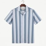 Togor & Tweed Men’s Dusty Blue and White Striped Short Sleeve Cuban Collar Shirt