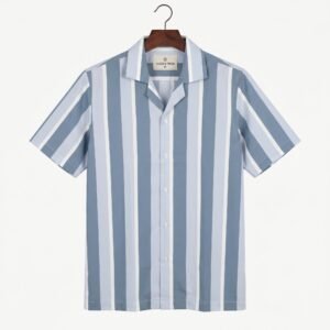 Togor & Tweed Men’s Dusty Blue and White Striped Short Sleeve Cuban Collar Shirt