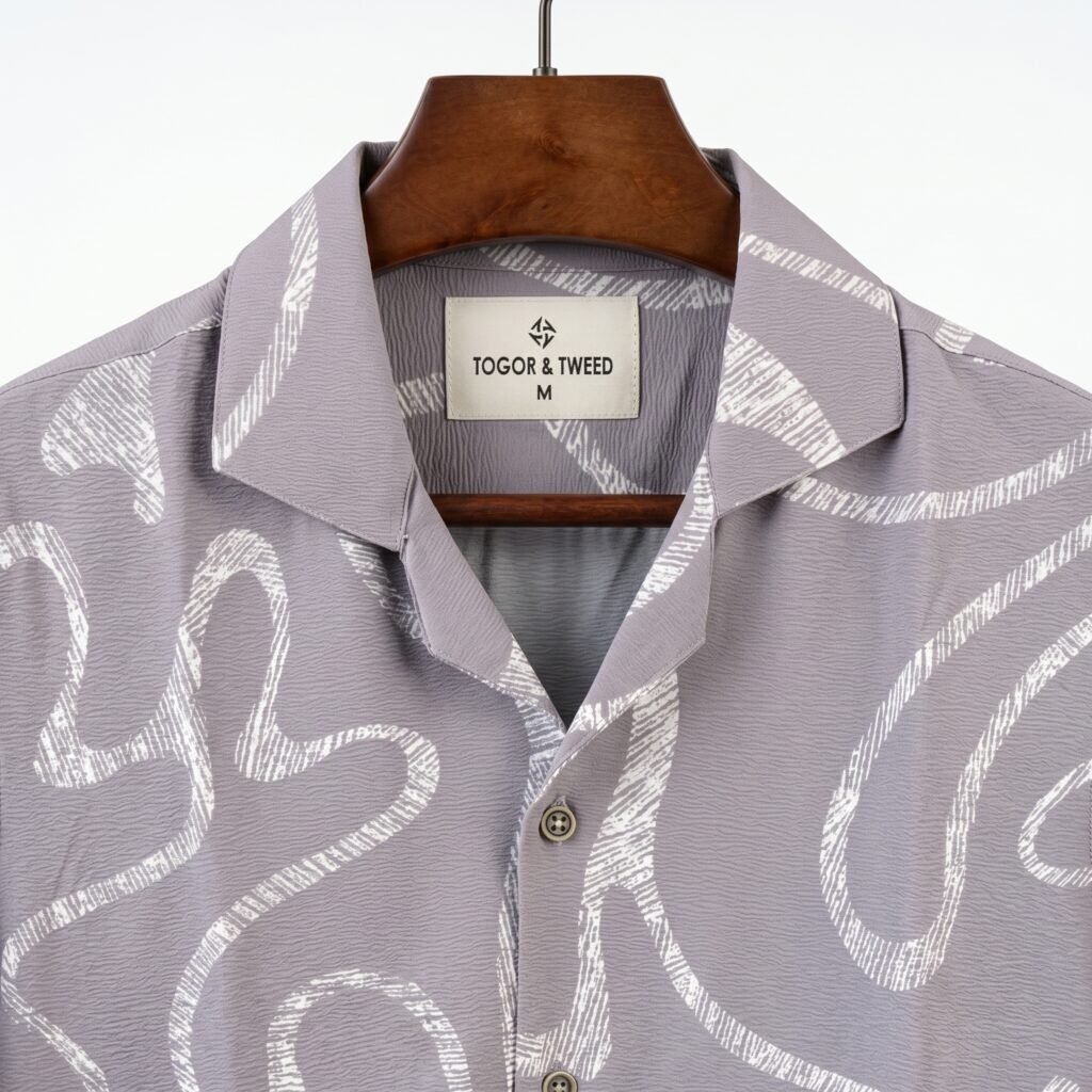 Togor & Tweed Men’s Light Grey Abstract Print Short Sleeve Cuban Collar Shirt