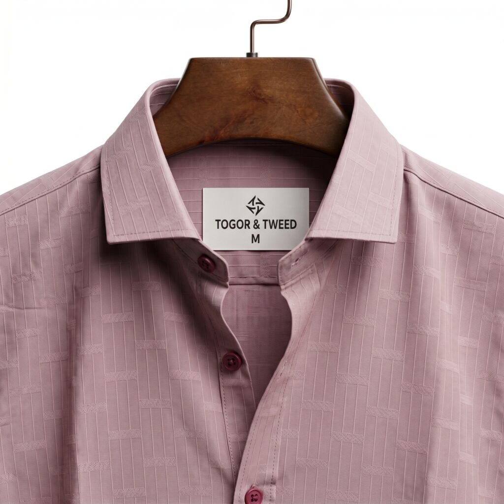 Togor & Tweed Men’s Dusty Rose Textured Grid Long Sleeve Dress Shirt with Contrast Buttons