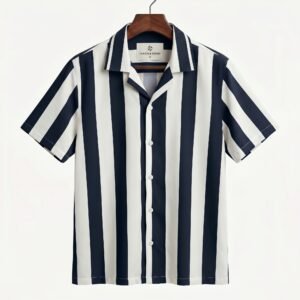 Shop the Navy and White Vertical Stripe Cuban Collar Shirt by Togor & Tweed. A versatile, premium men's short-sleeve button-up perfect for smart-casual and vacation looks. Upgrade your style today