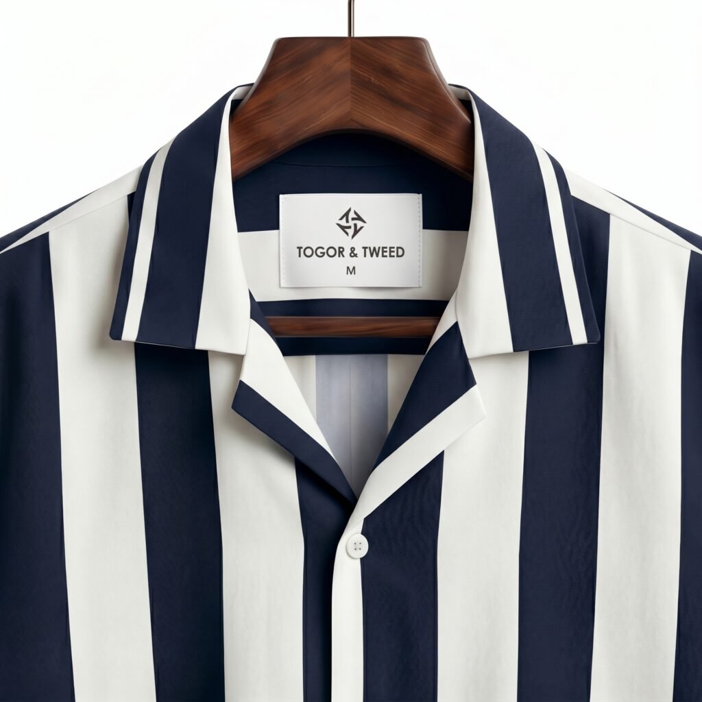 Shop the Navy and White Vertical Stripe Cuban Collar Shirt by Togor & Tweed. A versatile, premium men's short-sleeve button-up perfect for smart-casual and vacation looks. Upgrade your style today