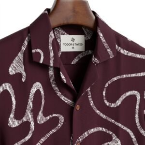 ogor & Tweed Men’s Burgundy Abstract Print Short Sleeve Shirt with Cuban Collar
