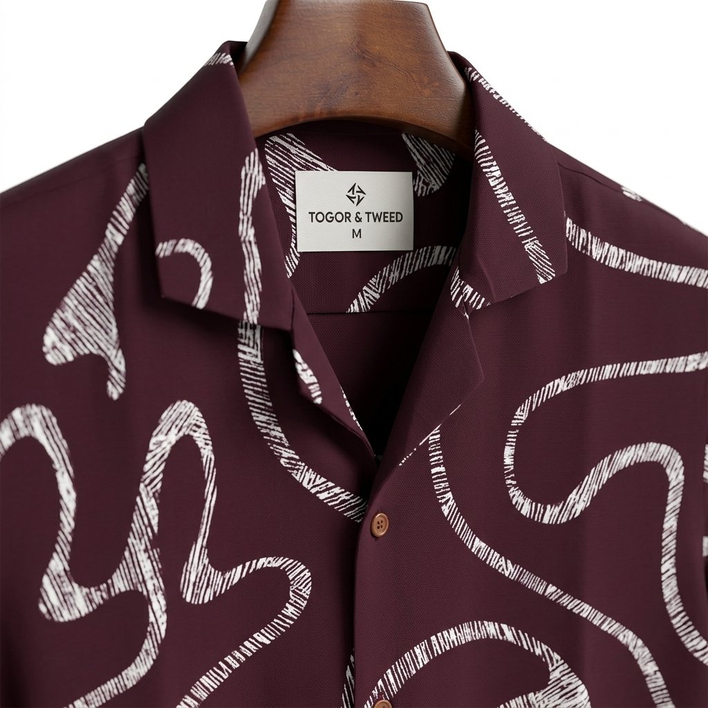 ogor & Tweed Men’s Burgundy Abstract Print Short Sleeve Shirt with Cuban Collar