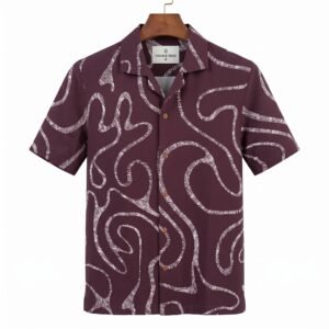 ogor & Tweed Men’s Burgundy Abstract Print Short Sleeve Shirt with Cuban Collar